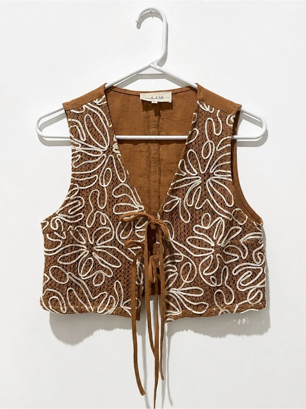 Embroidered Tie-Front Cropped Vest Top